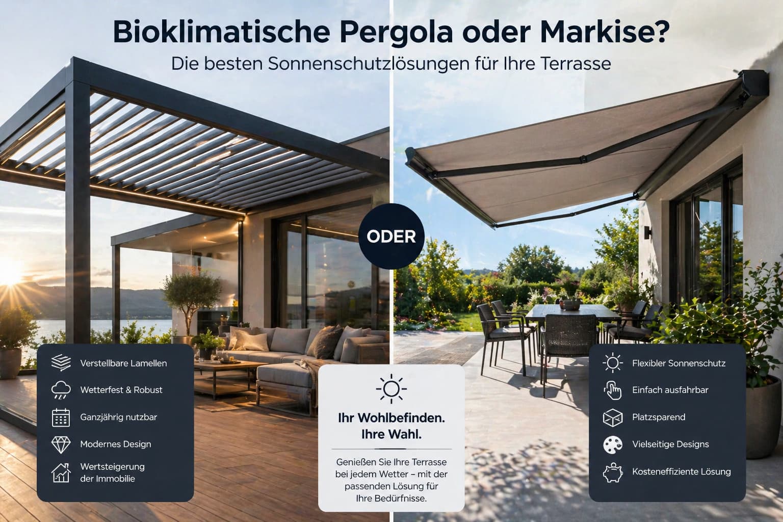 Bioklimatische Pergola oder Markise? Die besten Sonnenschutzlösungen für Ihre Terrasse